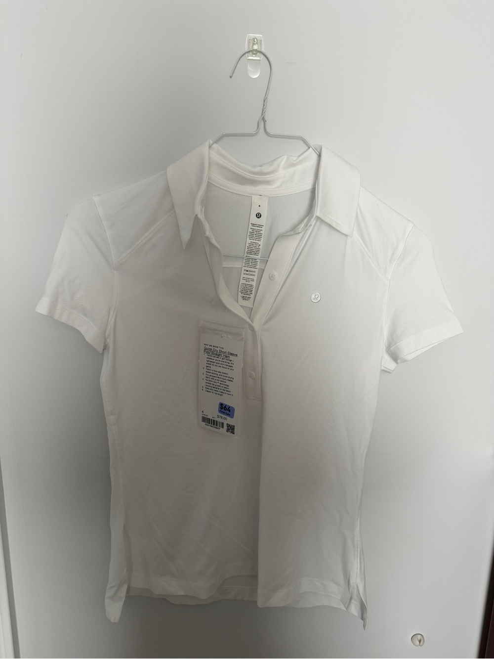 Lululemon Quick-Dry Short Sleeve Polo Straight Hem White Size 4 NWT